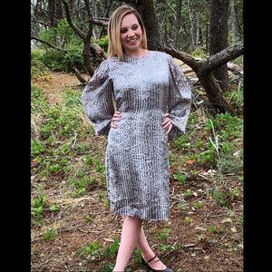 Vtg 80s Silver Ethereal Feather Print Bubble Dress Designer